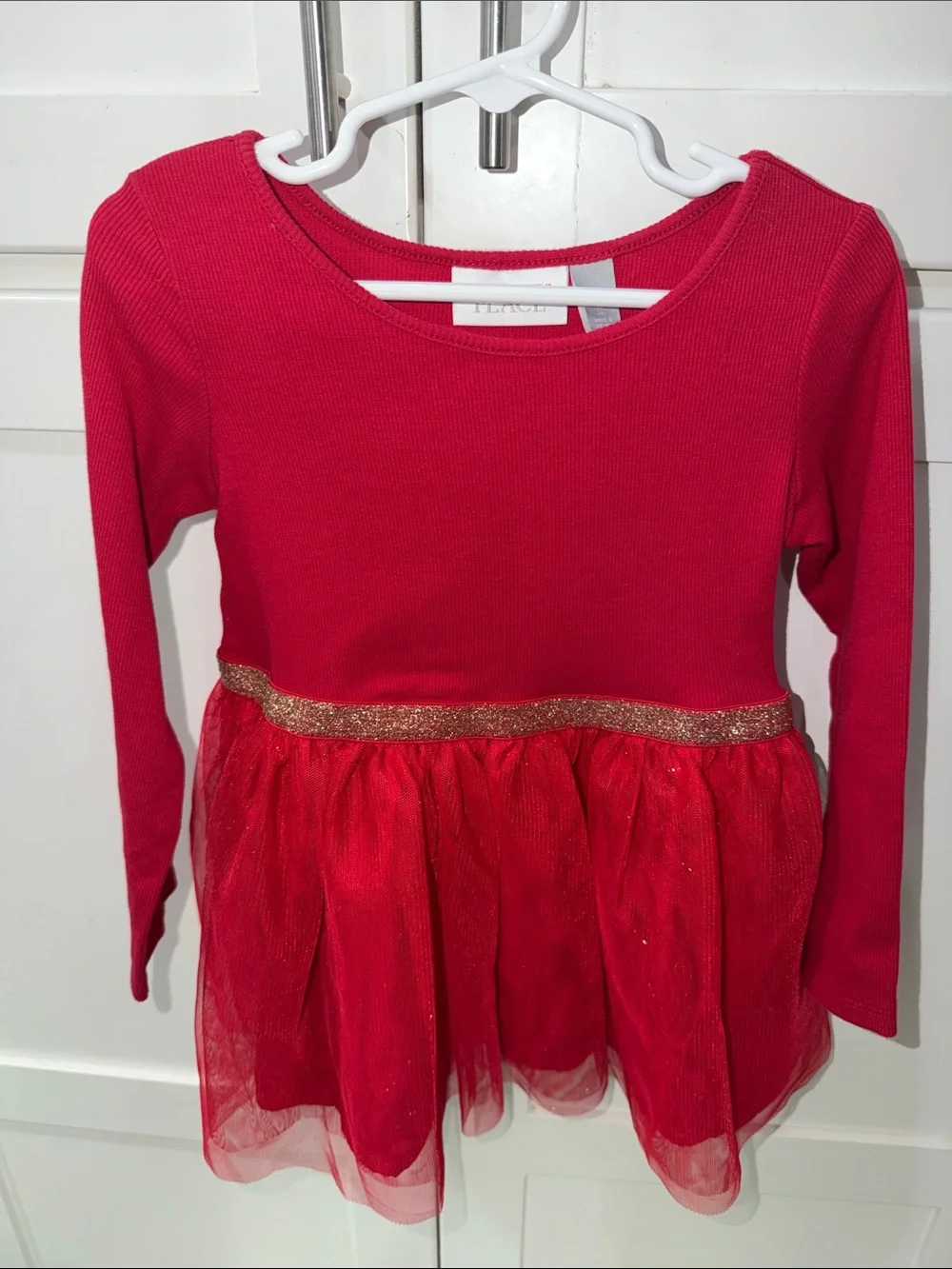 The Children's Place Red Long-Sleeve Tulle Dress with Gold Waistband